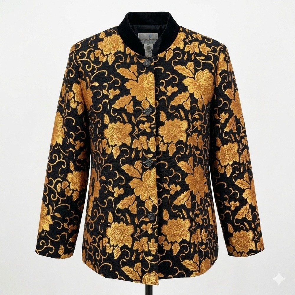 Drapers & Damons Black Gold Floral Brocade Blazer Velvet Collar PM Wedding Guest